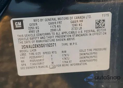 2016 Chevrolet Equinox Lt z USA, uszkodzony, nr VIN 2GNALCEK5G6192371